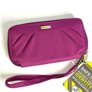 Travelon RFID-Blocking Wallet Zip Clutch Wristlet Magenta Purse with Strap